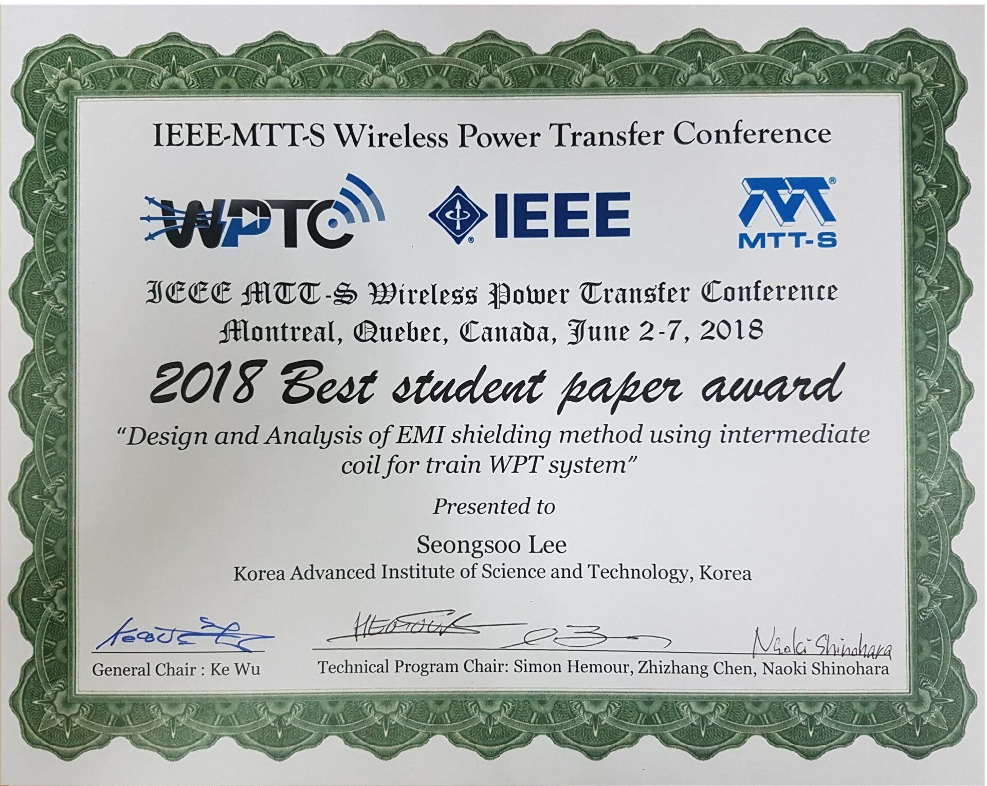 김정호 교수 연구실 이성수 박사과정 WPTC 2018 Best student paper award